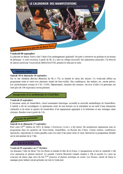 Calendrier des manifestations du mois de septembre 2023