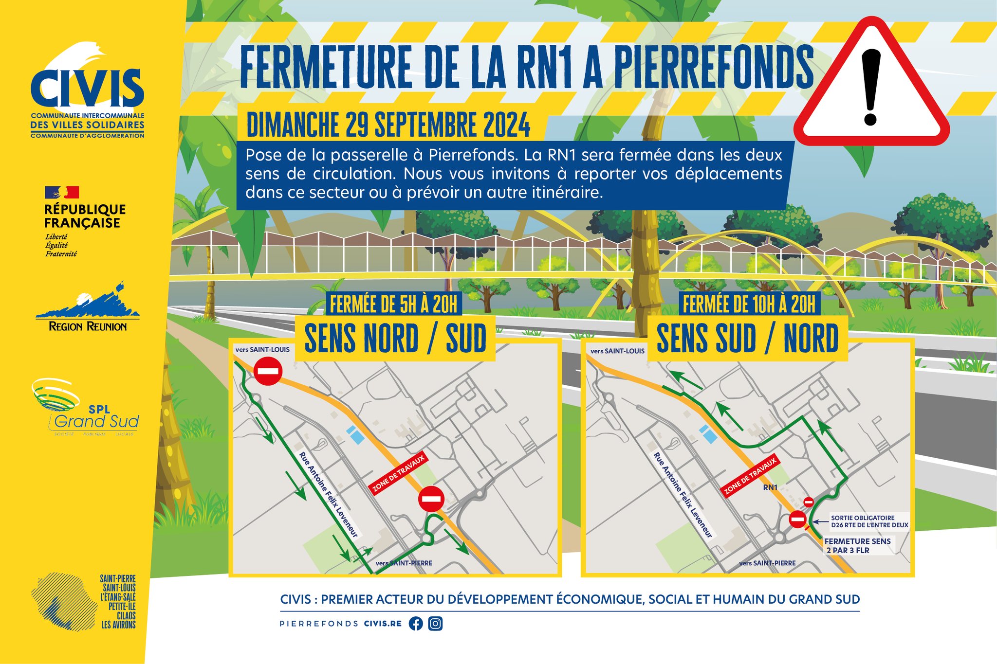 Pose de la passerelle de Pierrefonds : fermeture de la RN1 le dimanche 29 septembre 2024