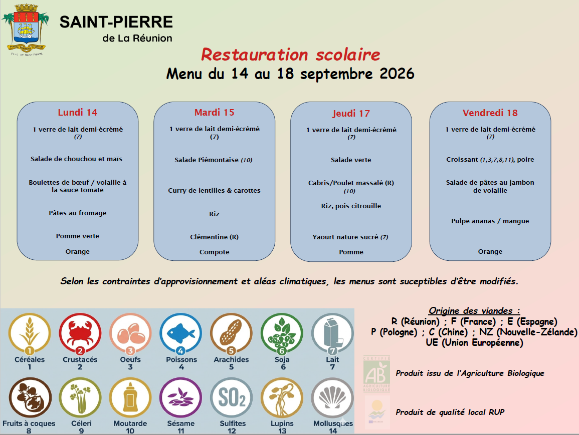 Découvrez les menus de la restauration scolaire pour le semaine du 14 au 18 septembre 2026 
