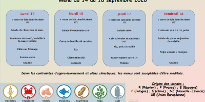 Découvrez les menus de la restauration scolaire pour le semaine du 14 au 18 septembre 2026 